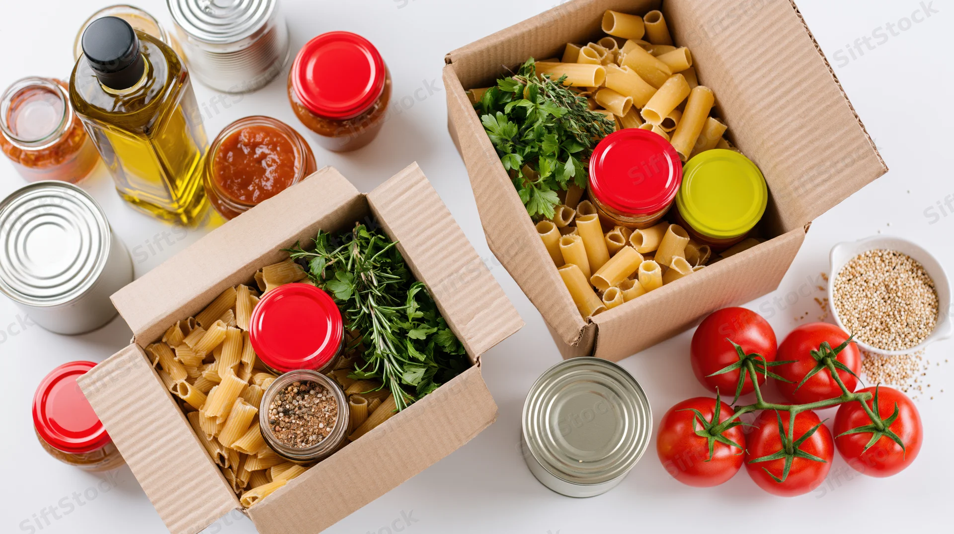 Open cardboard boxes filled with pasta, herbs, canned goods and tomatoes arranged on a white surface
