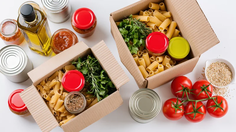 Open cardboard boxes filled with pasta, herbs, canned goods and tomatoes arranged on a white surface