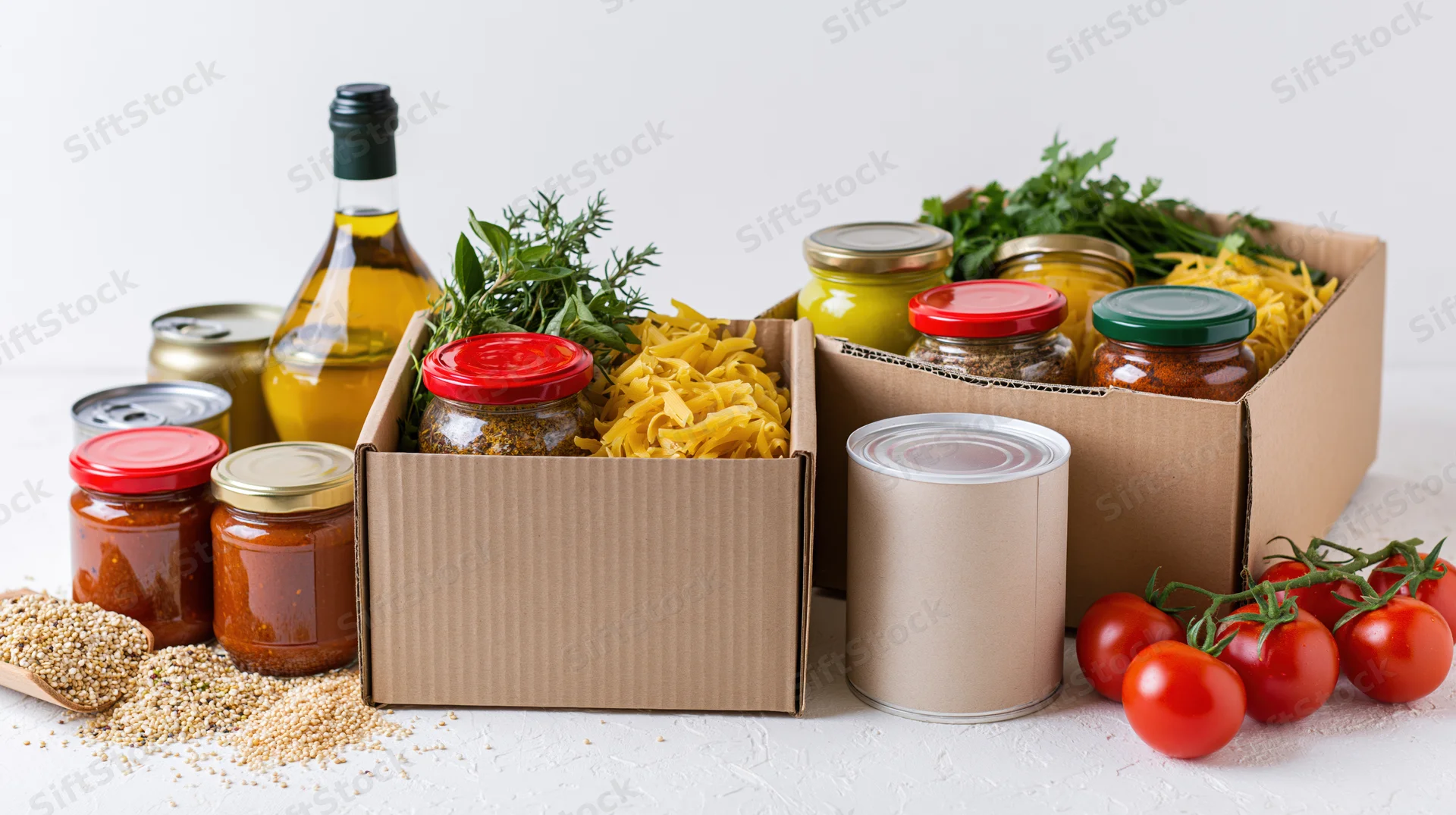 Food bank donation supplies arranged on white surface with cardboard boxes, jars, cans, fresh vegetables and grains
