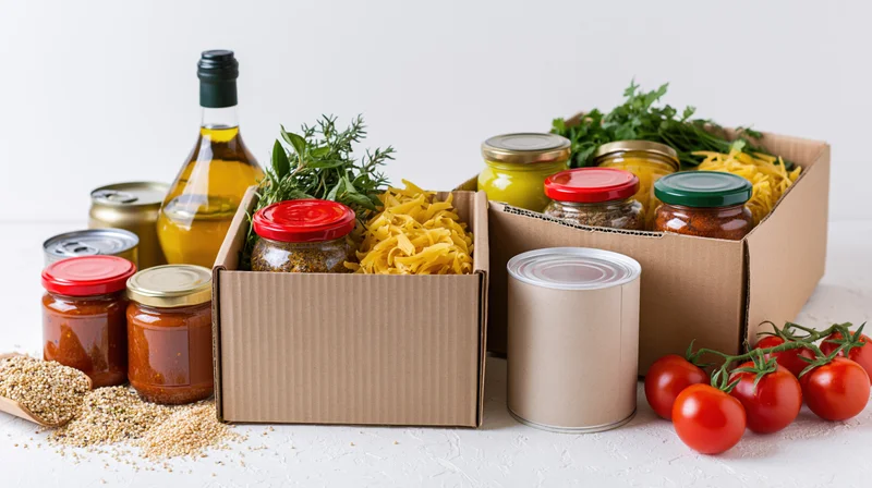 Food bank donation supplies arranged on white surface with cardboard boxes, jars, cans, fresh vegetables and grains