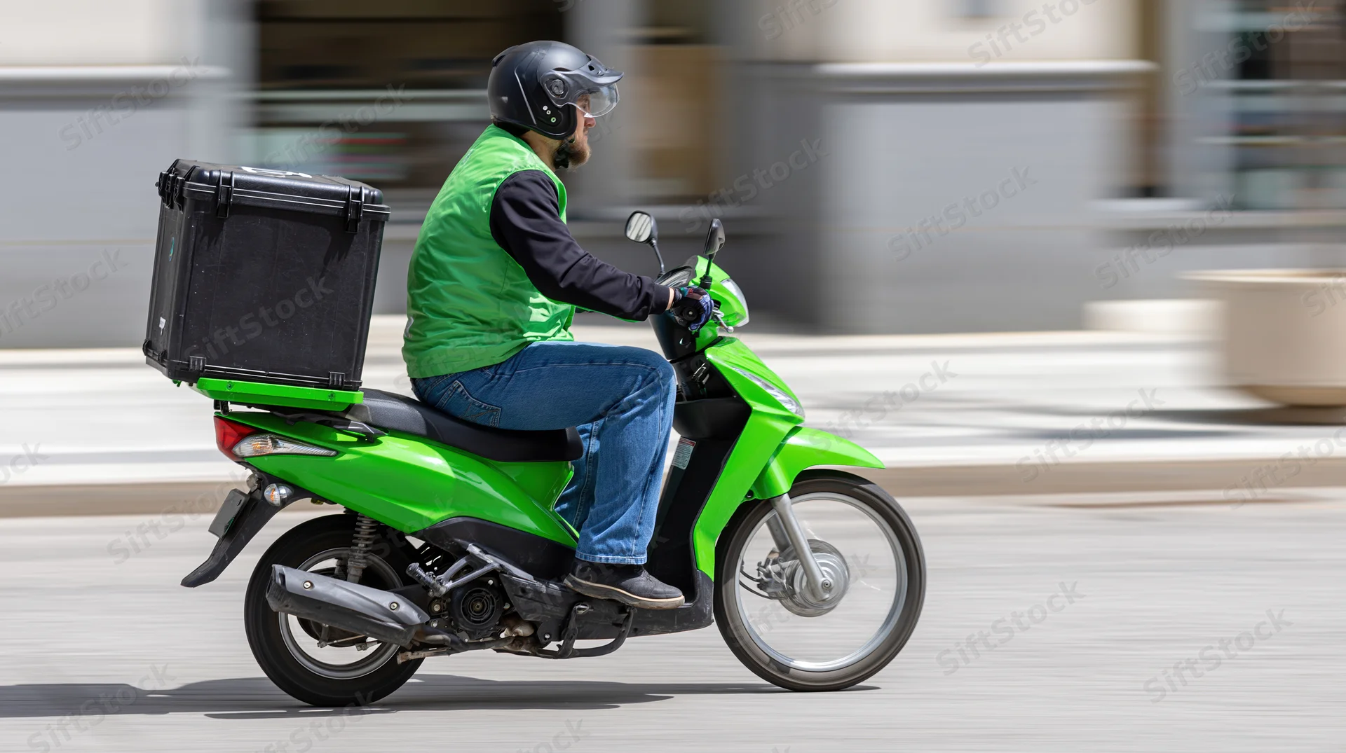 Delivery rider on green scooter moving through city street