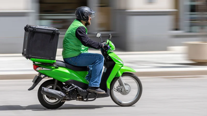 Delivery rider on green scooter moving through city street