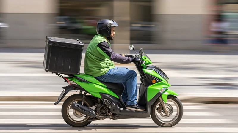 Delivery rider on green scooter moving through city street