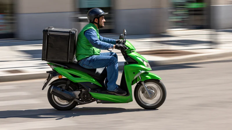 Delivery rider on green scooter moving through city street