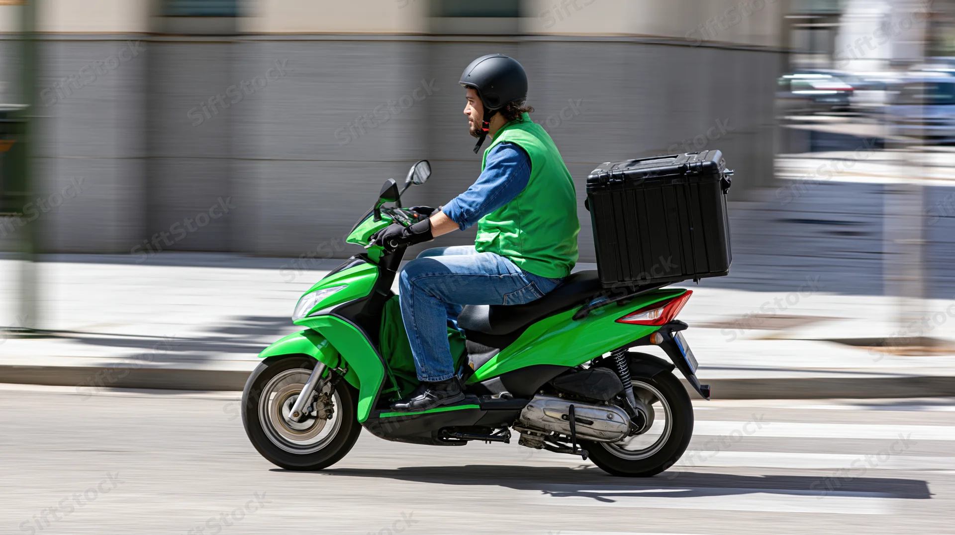 Delivery rider on green scooter moving through city street