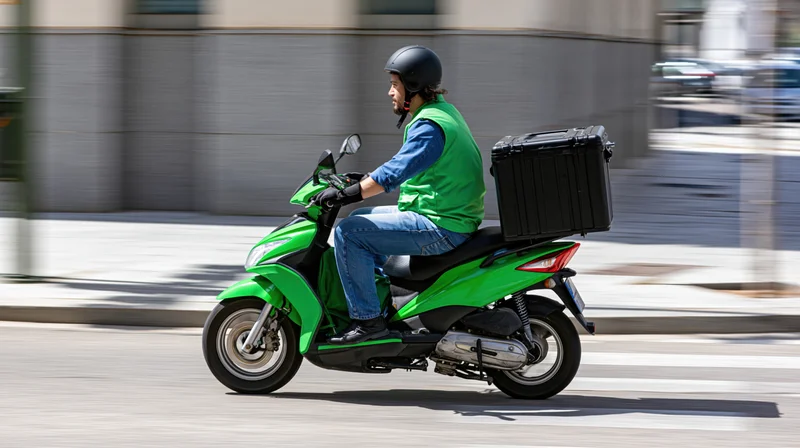 Delivery rider on green scooter moving through city street