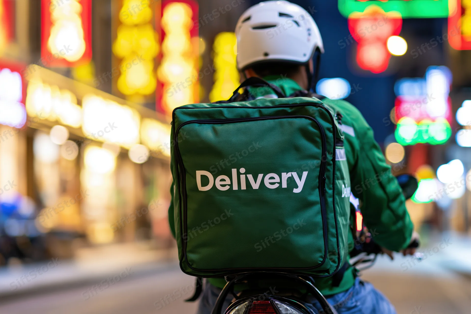 Delivery rider on motorcycle seen from behind riding through city street at night