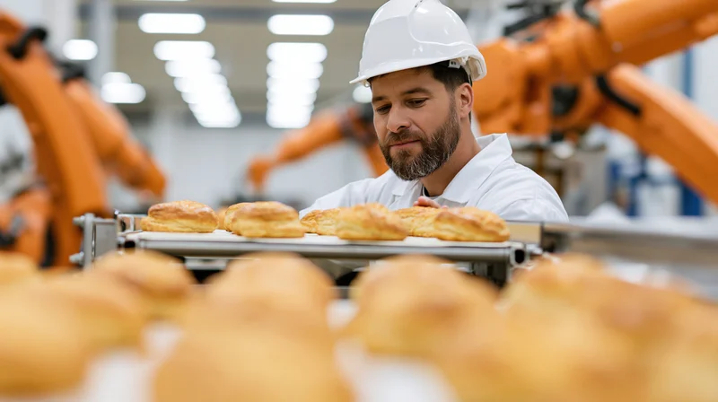 Technician inspecting baked goods on conveyor belt in food factory