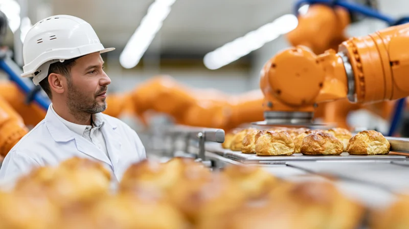 Technician in white coat and hard hat observing robotic arm placing baked goods on conveyor in food factory