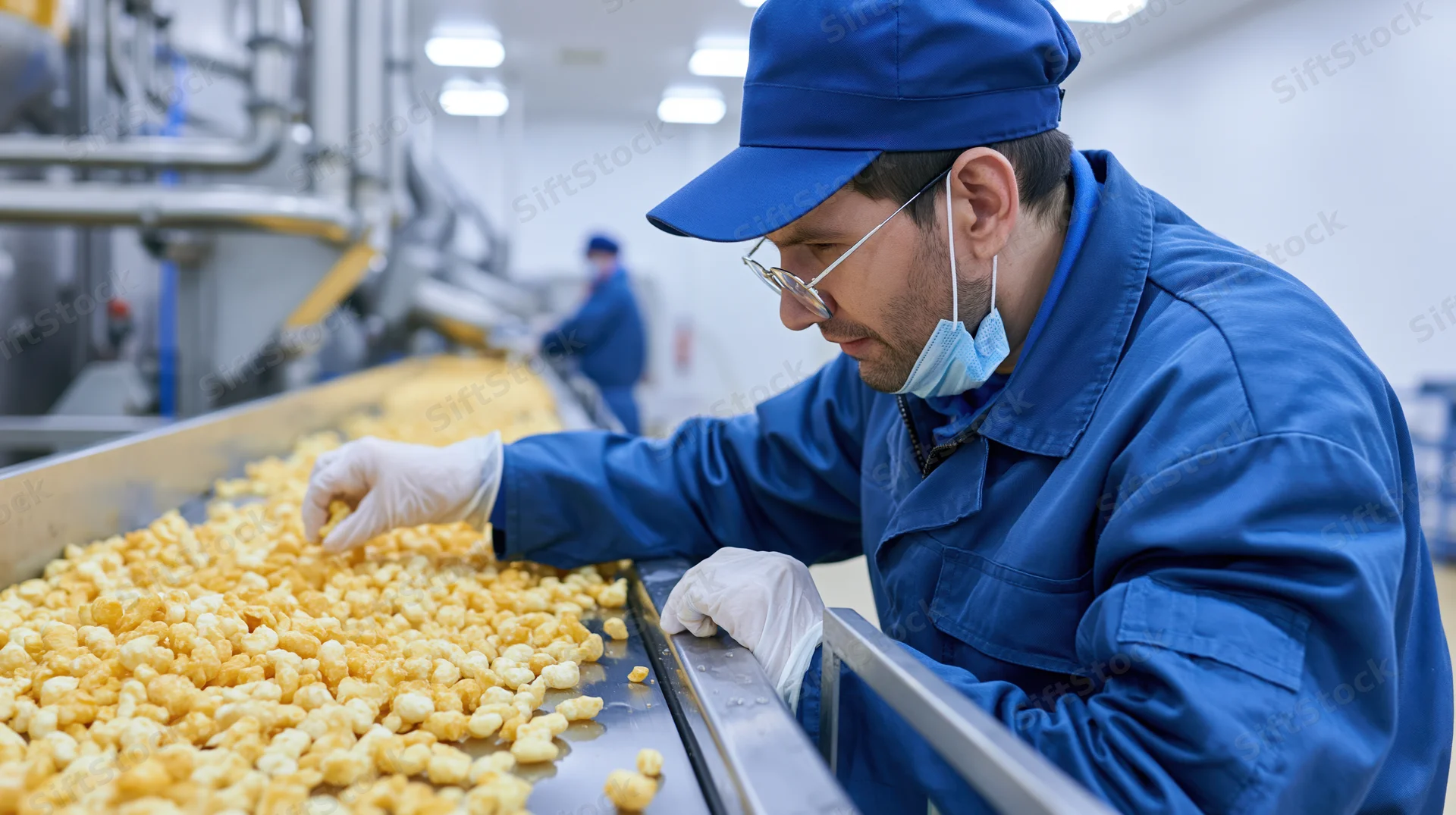 Worker inspecting snack food on conveyor belt in factory