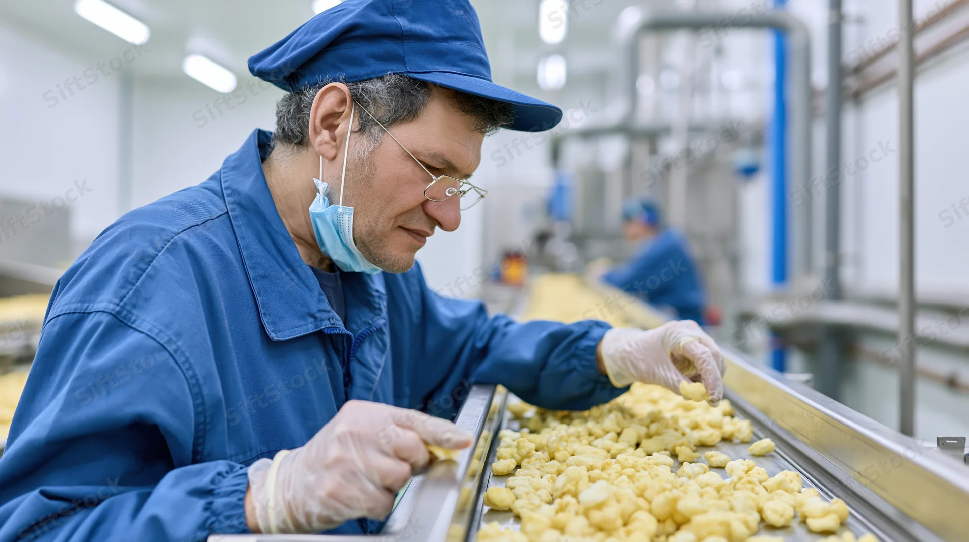 Worker inspecting food on conveyor belt in factory