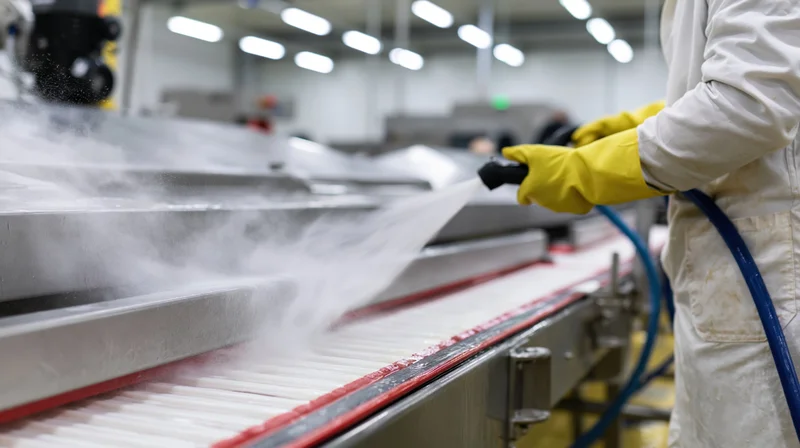 Worker spraying water on conveyor belt in food factory