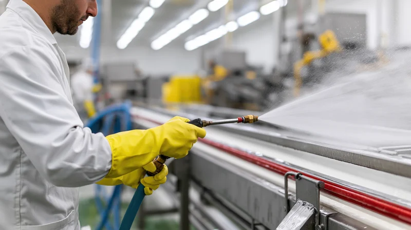 Man in white lab coat and yellow gloves spraying water on conveyor belt in food factory