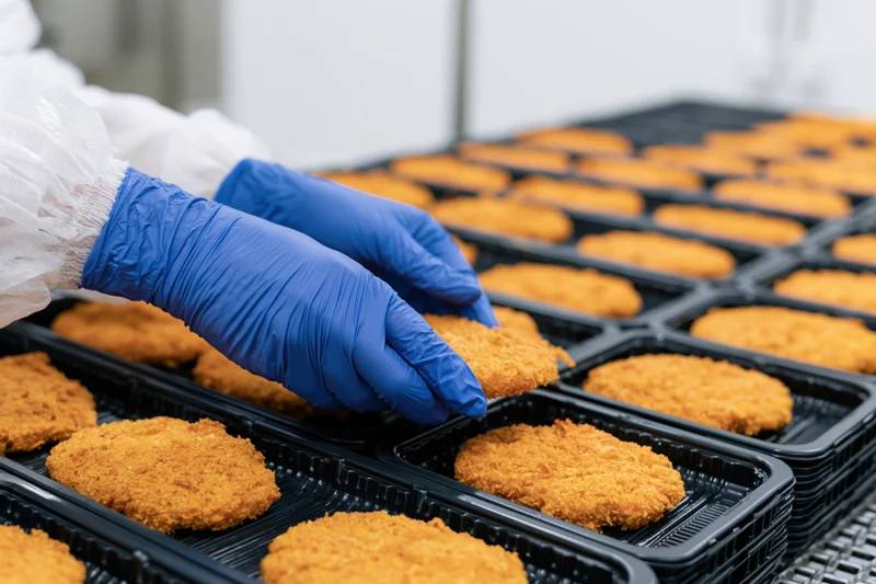 Worker placing breaded chicken patties into black plastic trays in a food factory