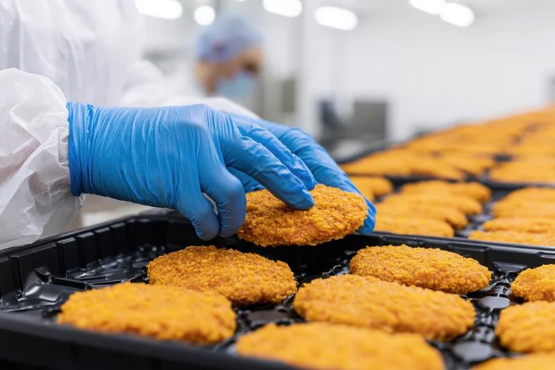 Worker placing breaded chicken patties into black plastic trays in a food factory