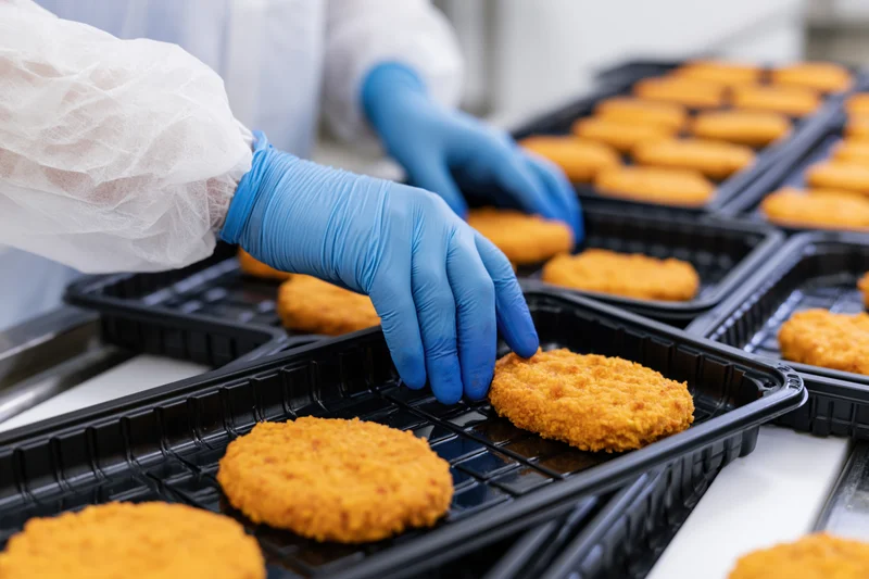 Worker placing breaded chicken patties into black plastic trays in a food factory