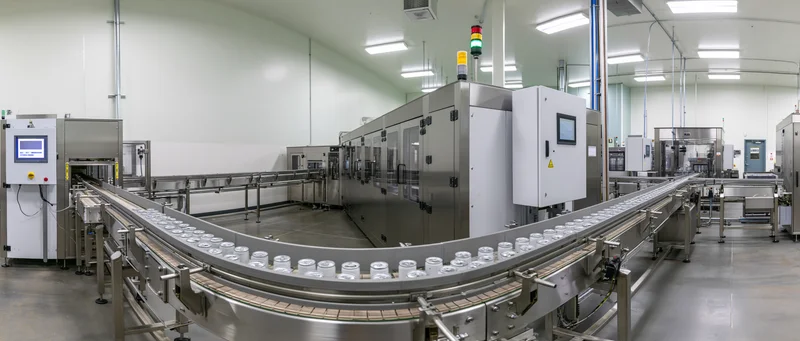 Automated production line for canning food and beverages in a modern factory