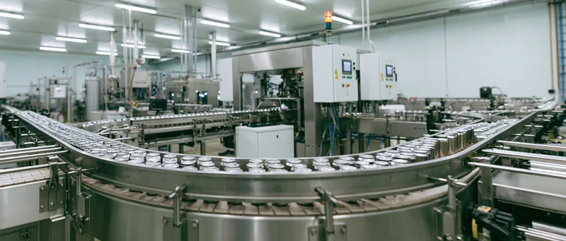 Automated canning line moving beverage cans through a modern food processing factory