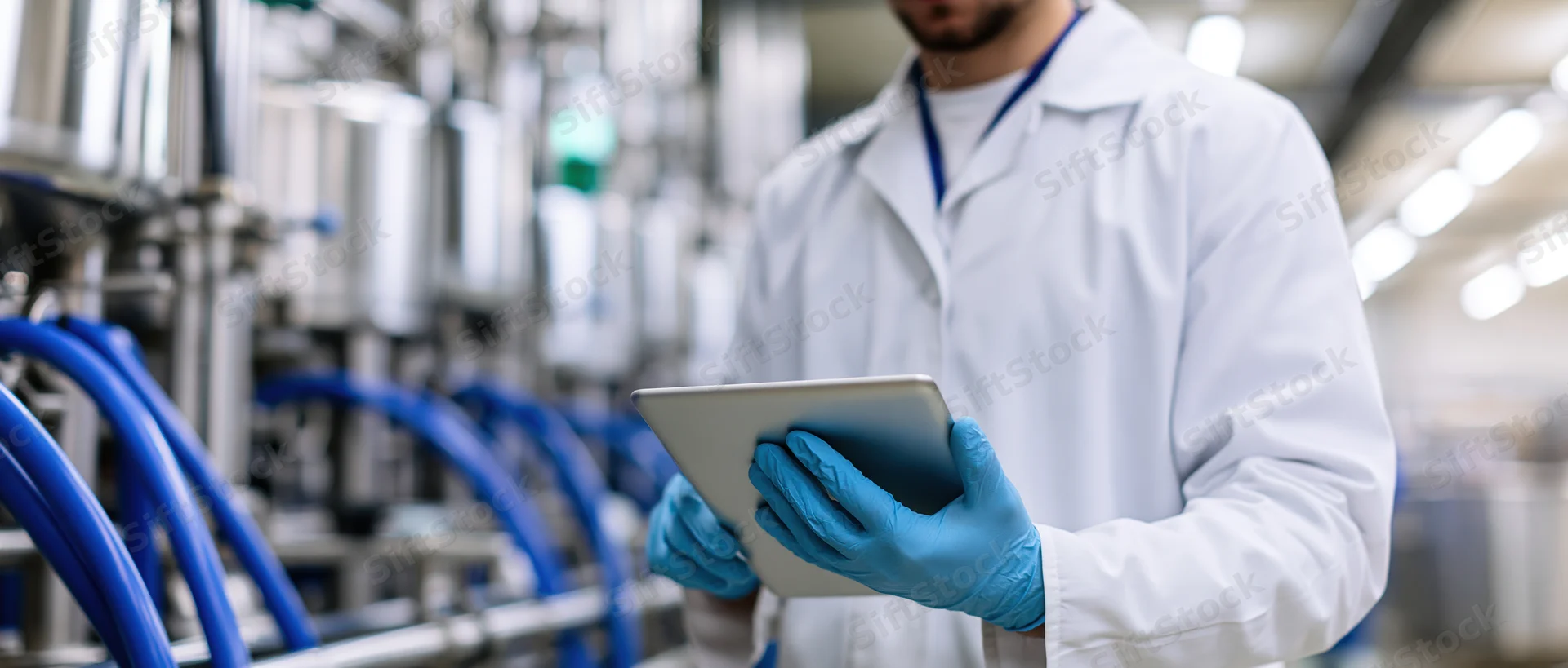 Worker in lab coat holding tablet in factory setting