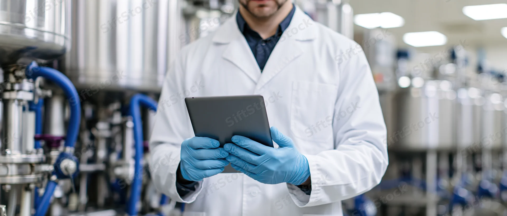 Scientist in lab coat holding tablet during inspection in pharmaceutical factory