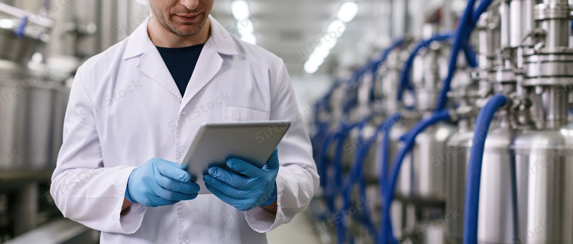 Man in lab coat holding tablet while inspecting equipment in factory