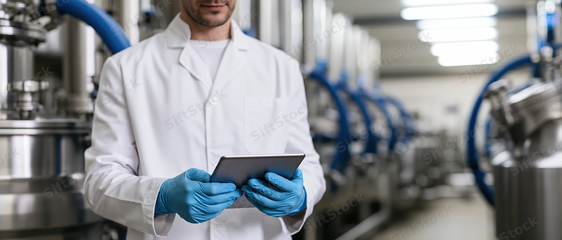 Scientist in white lab coat holding tablet in industrial factory setting