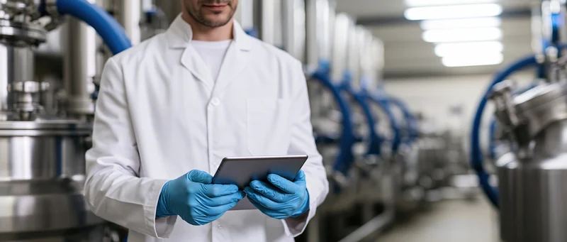 Scientist in white lab coat holding tablet in industrial factory setting