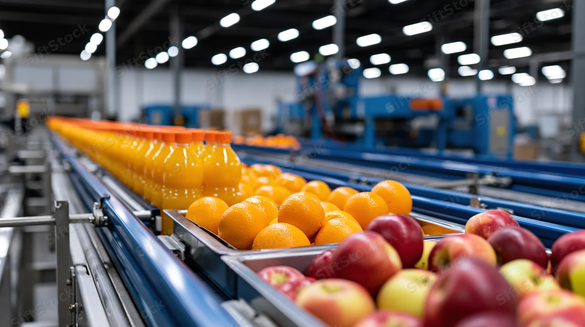 Oranges and apples on conveyor belts with juice bottles in a food processing factory