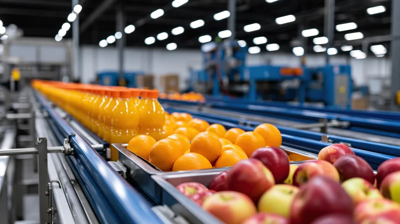 Oranges and apples on conveyor belts with juice bottles in a food processing factory