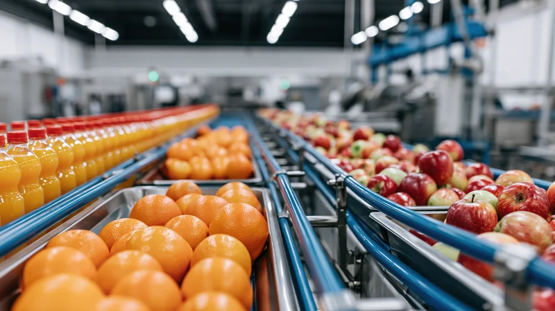 Oranges and apples on conveyor belts with juice bottles in a food processing factory