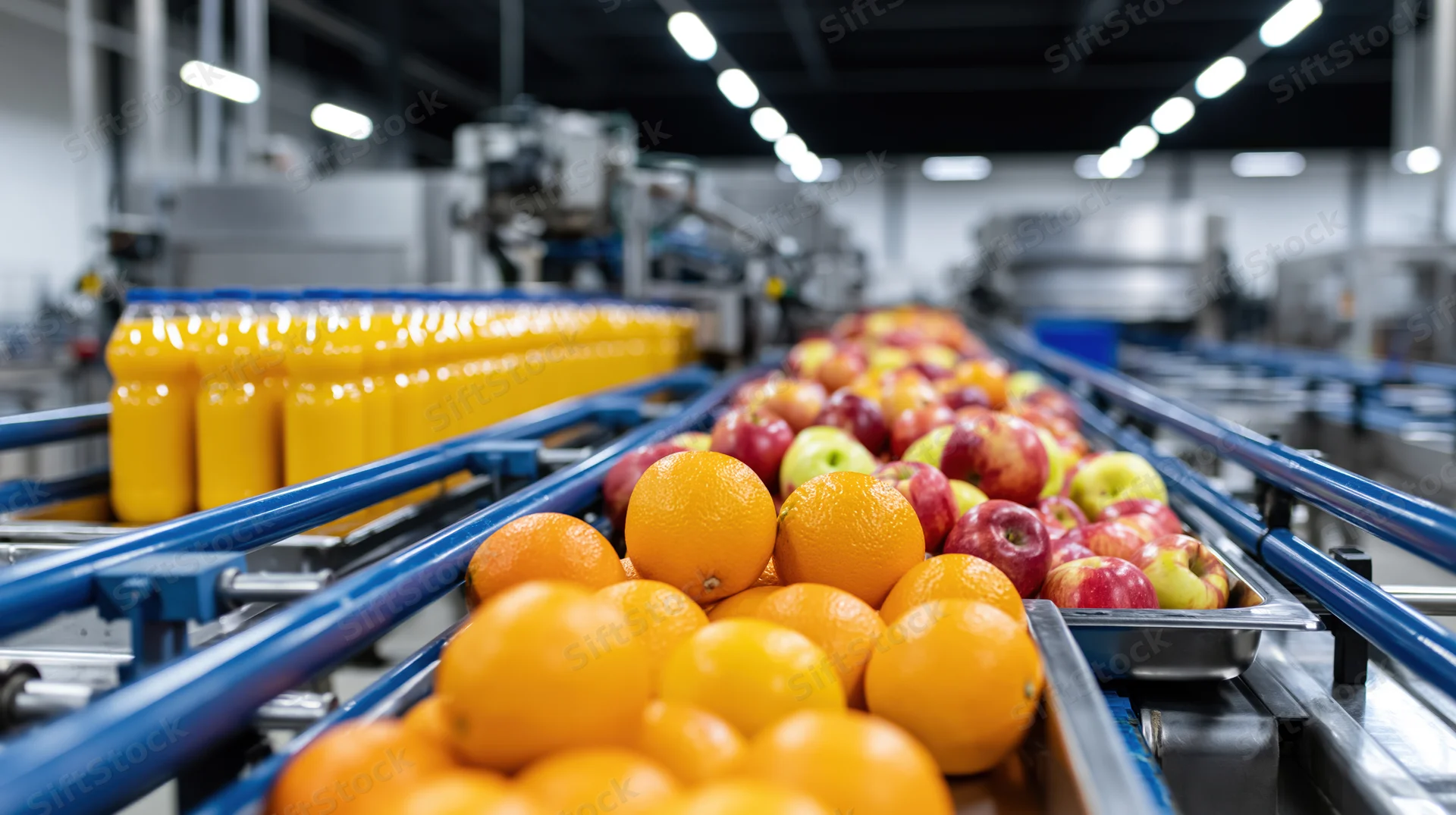 Oranges and apples on conveyor belts in a food processing factory
