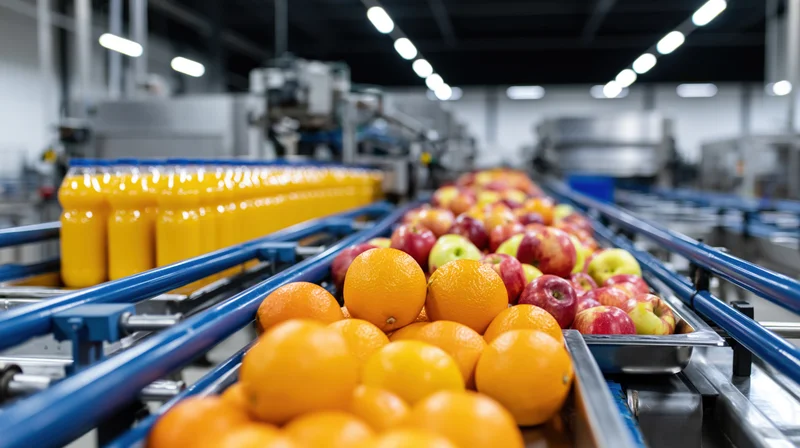 Oranges and apples on conveyor belts in a food processing factory