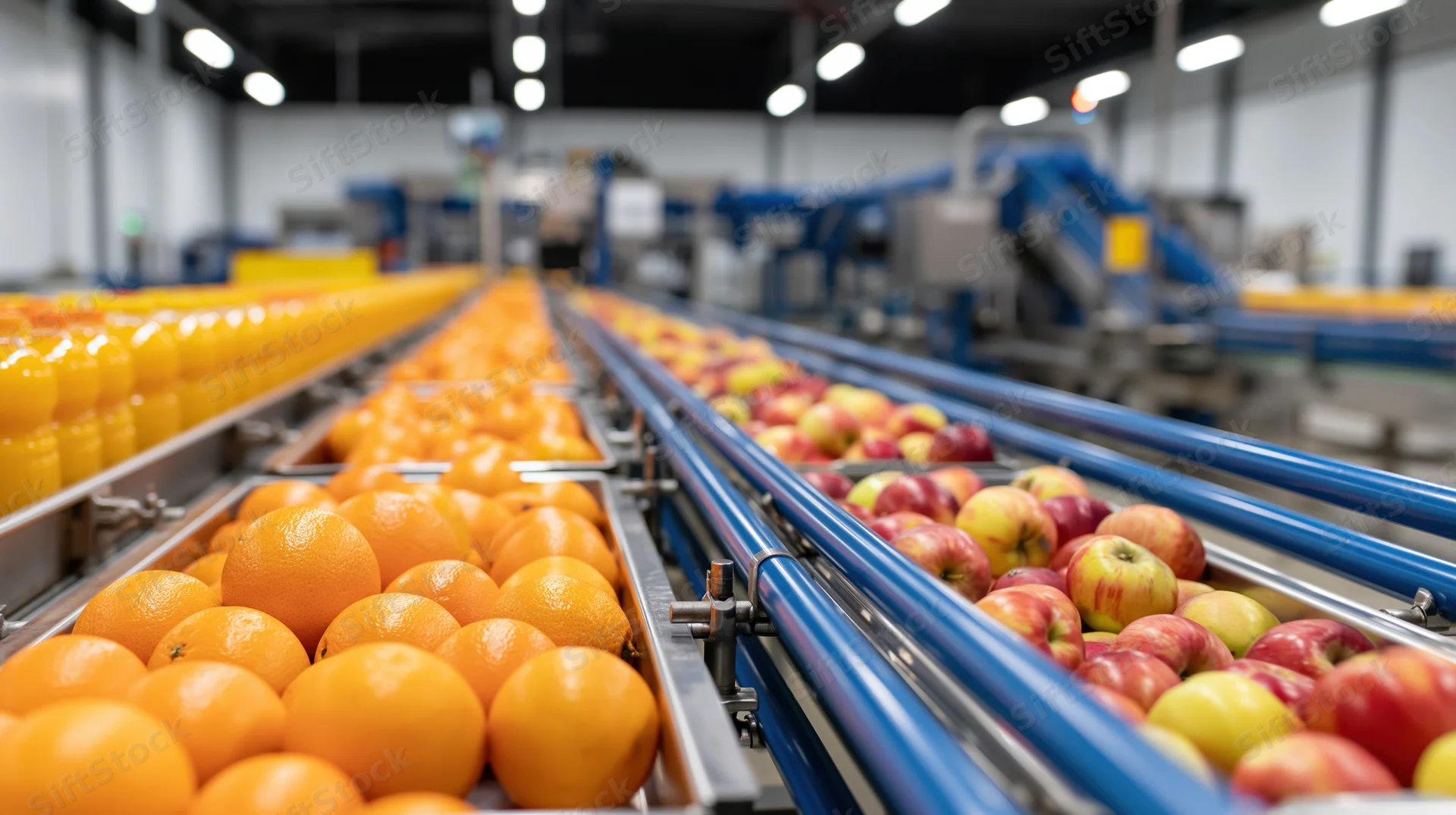 Oranges and apples moving on conveyor belts in a food processing factory