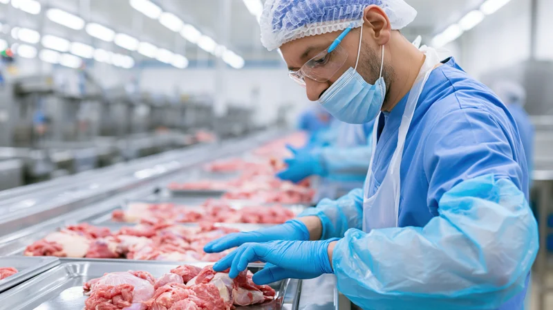 Man in protective gear inspecting raw meat on conveyor belt in food processing plant