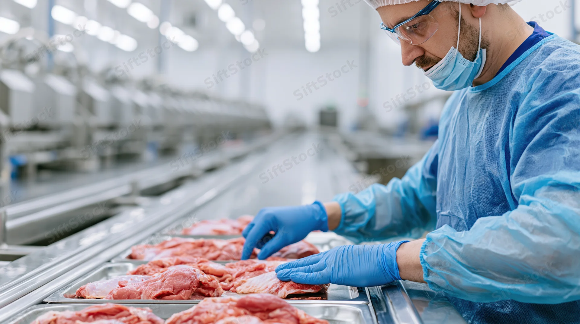 Worker inspecting raw meat on conveyor line in food processing plant