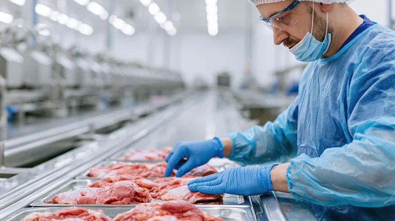Worker inspecting raw meat on conveyor line in food processing plant
