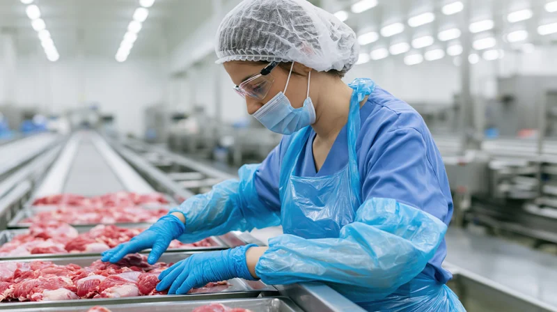 Woman inspecting raw meat on conveyor belt in food processing factory