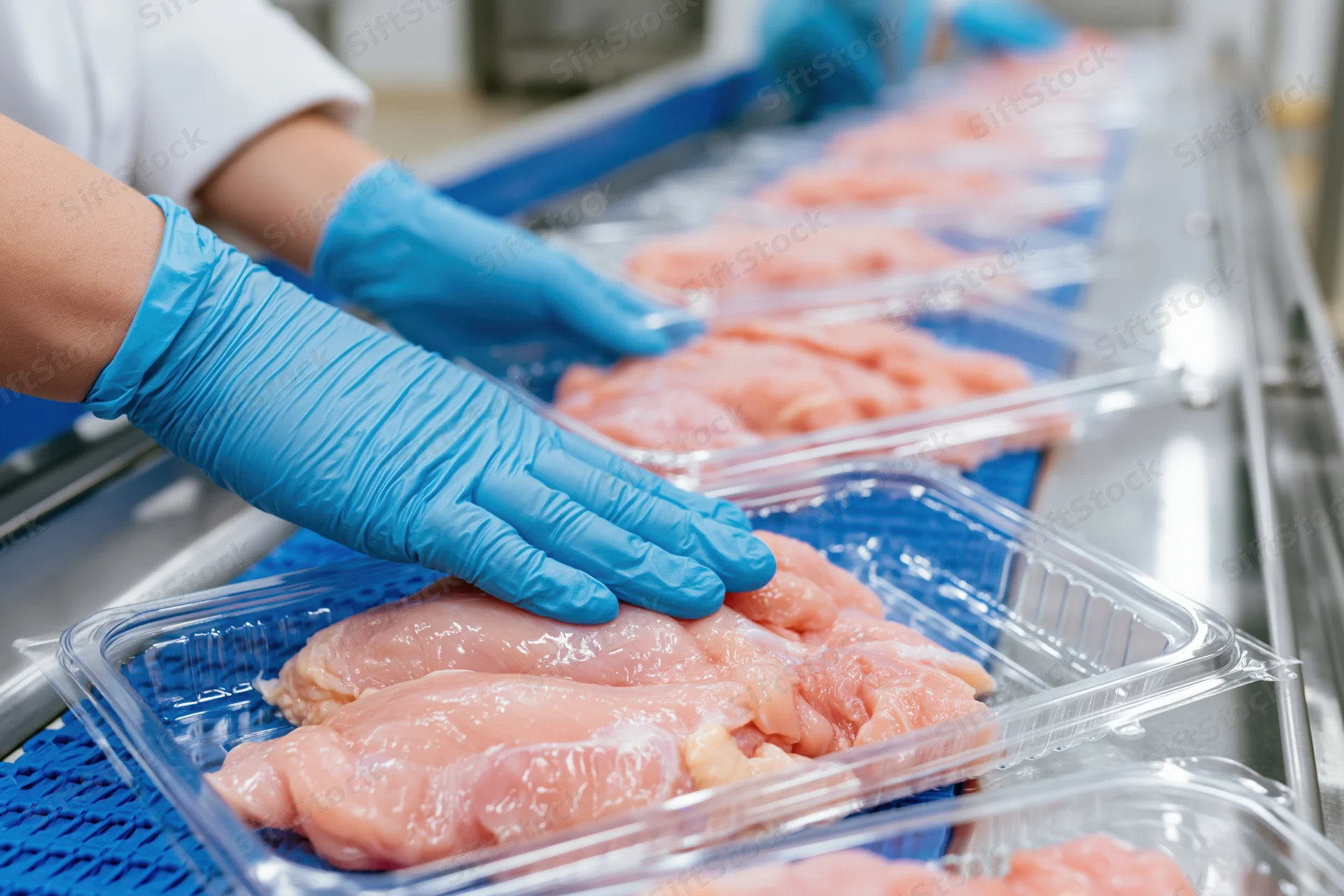 Worker in blue gloves arranging raw chicken in plastic trays on a conveyor line