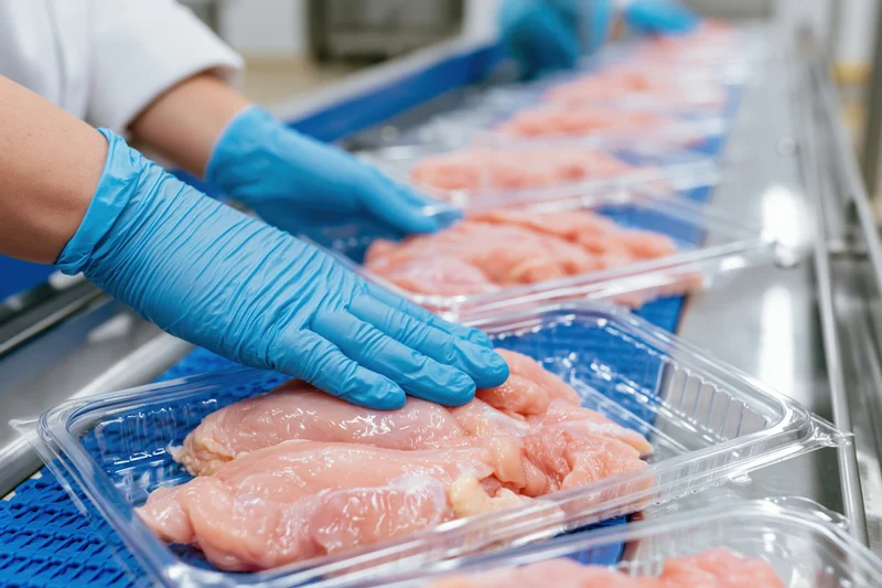 Worker in blue gloves arranging raw chicken in plastic trays on a conveyor line