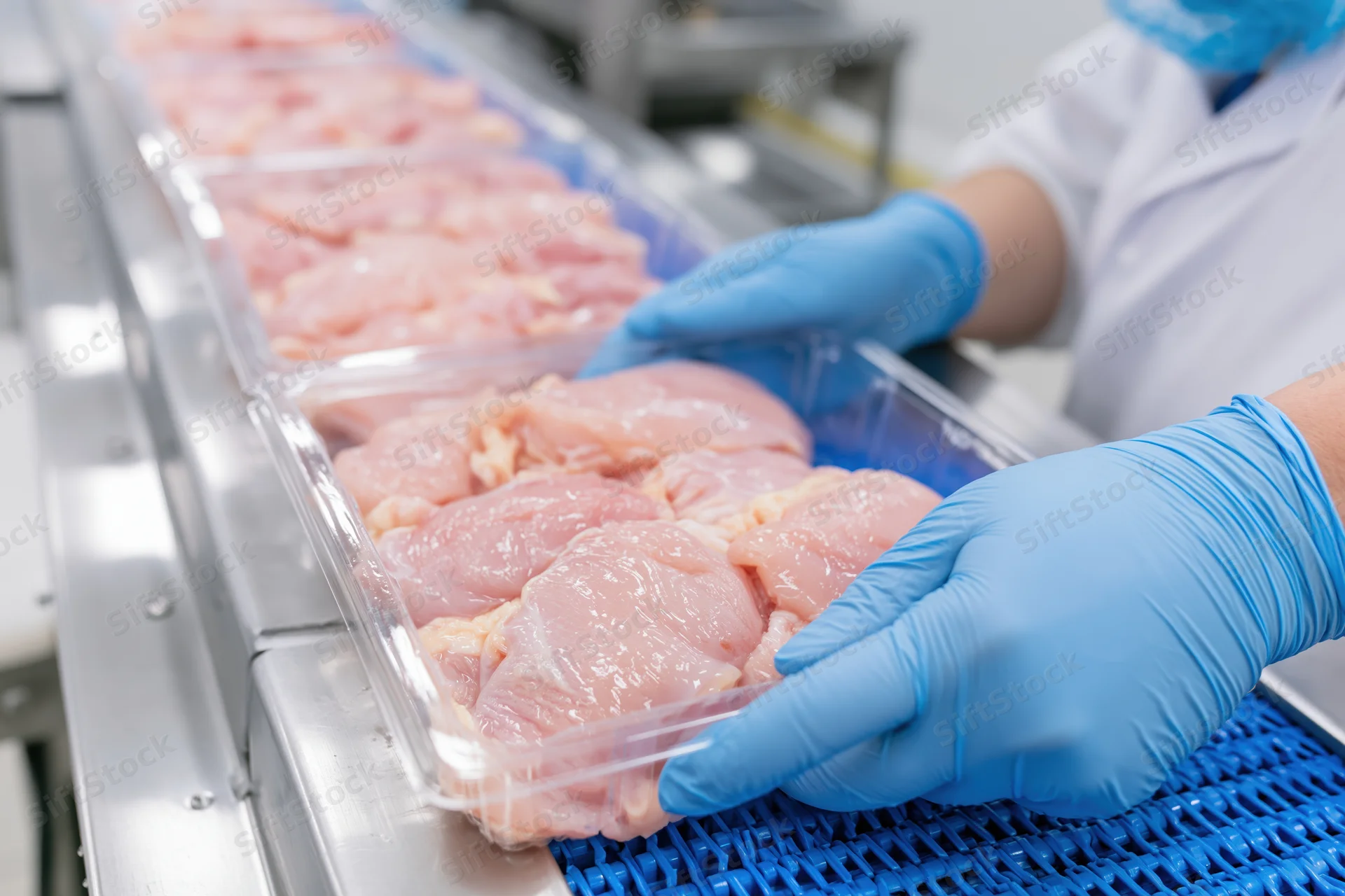 Worker in blue gloves placing raw chicken pieces into clear plastic trays on a conveyor line in a food processing facility