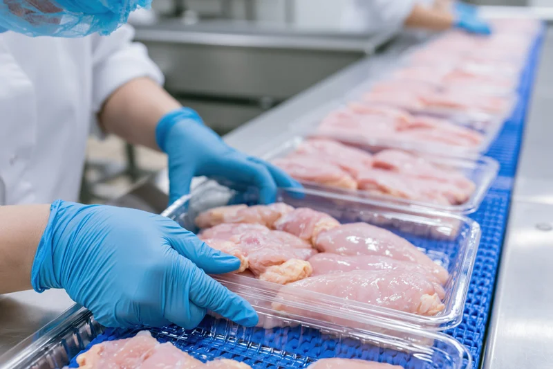 Worker in blue gloves placing raw chicken in plastic trays on a conveyor belt in a food processing plant