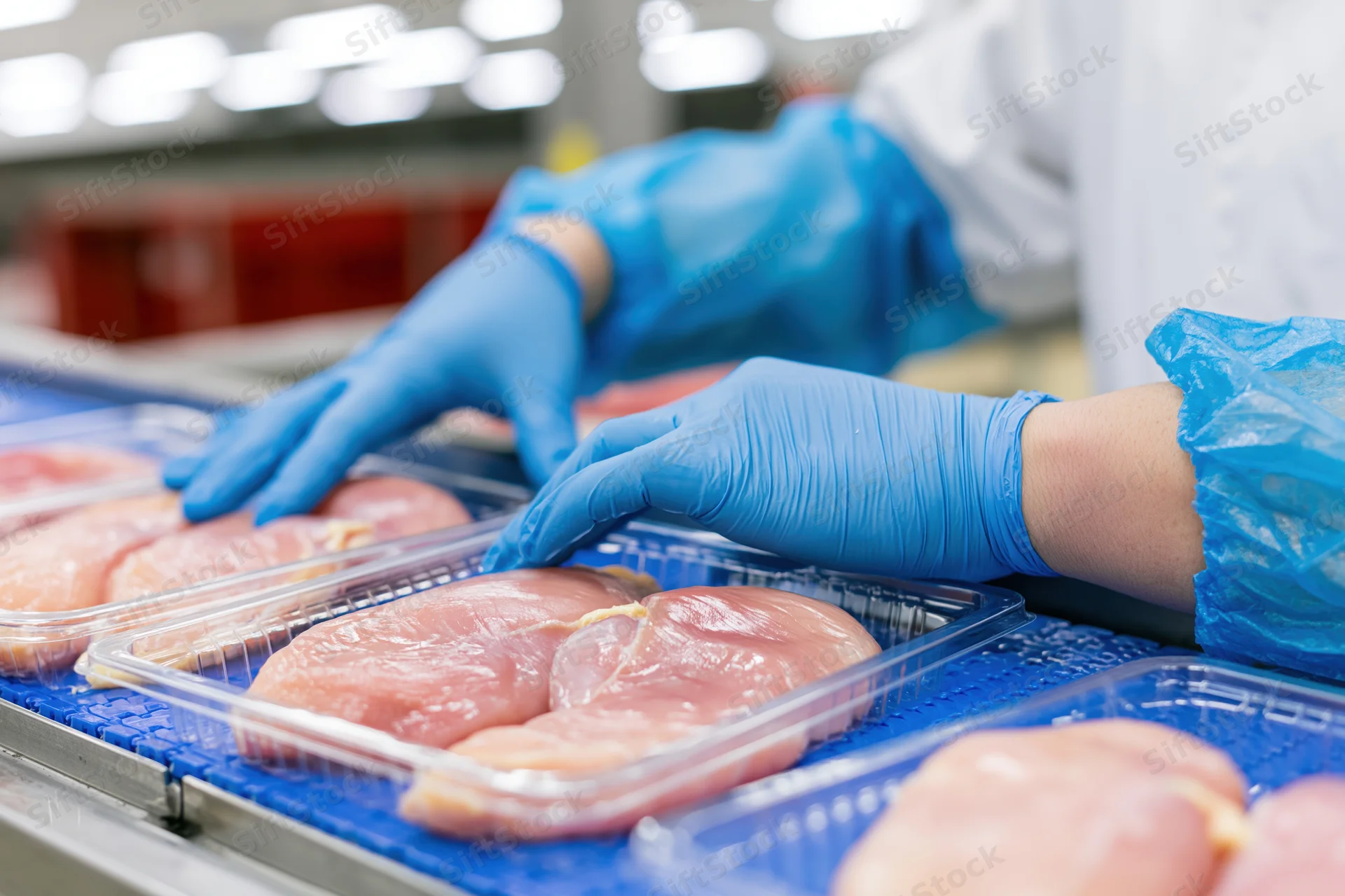 Worker handling raw chicken in plastic trays on a production line