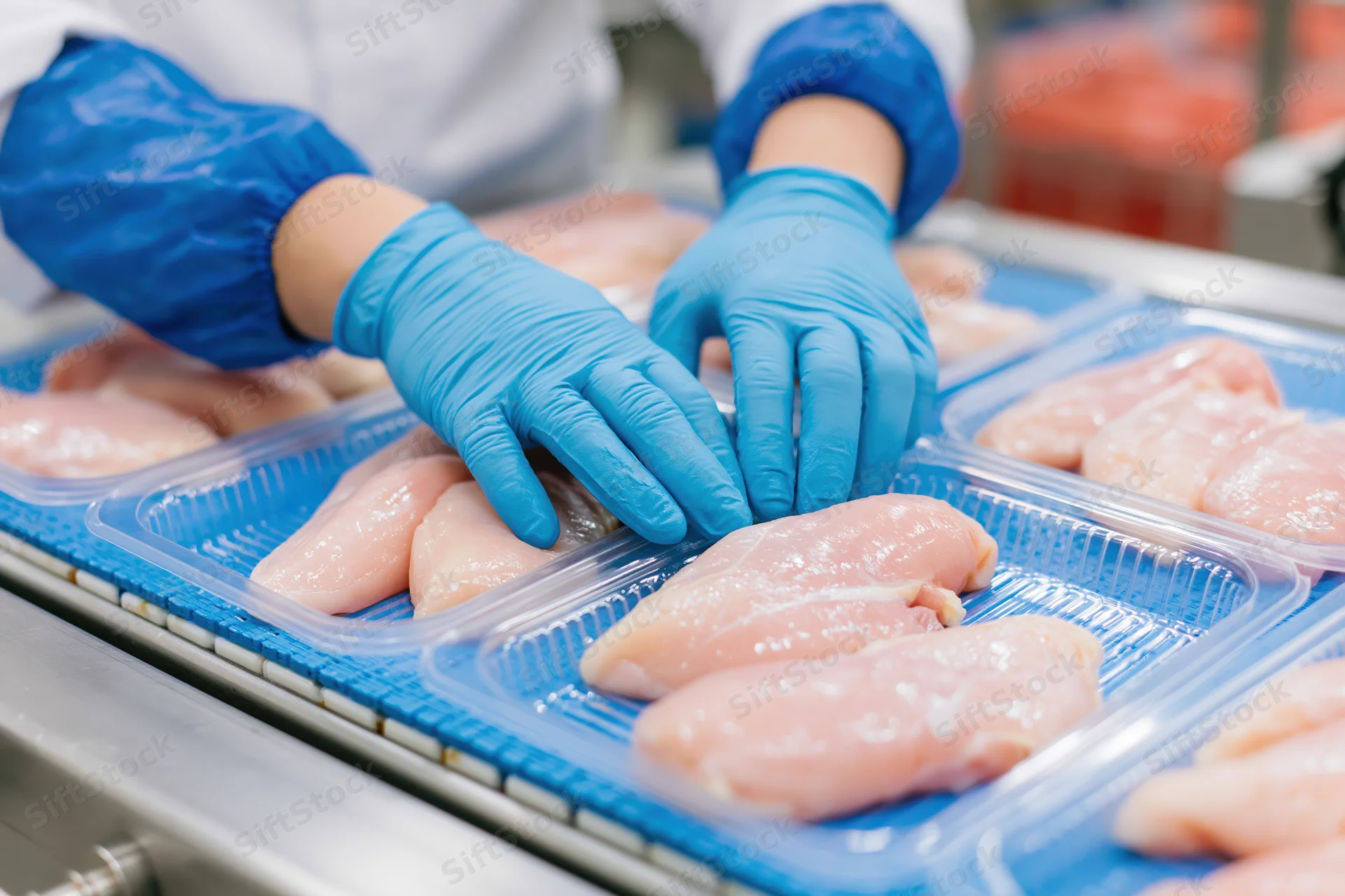 Worker in blue nitrile gloves and white coat arranging raw chicken pieces in plastic trays on a production line