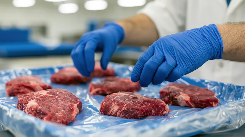 Worker sorting raw beef cuts on a plastic tray in a food processing facility