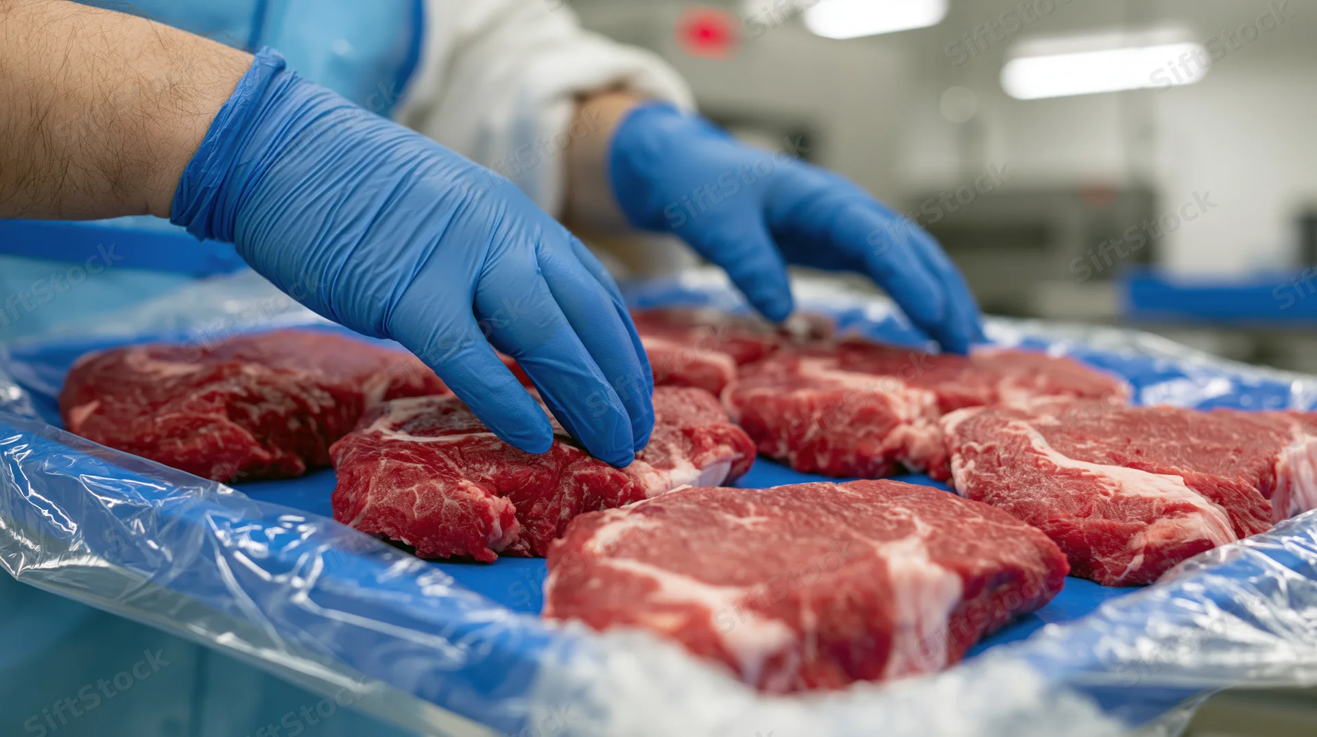 Worker inspecting raw beef cuts on a tray in a meat processing facility