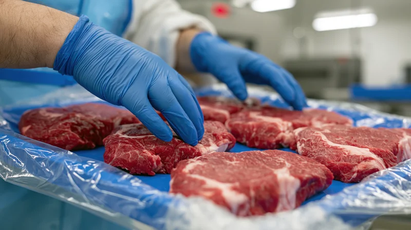Worker inspecting raw beef cuts on a tray in a meat processing facility