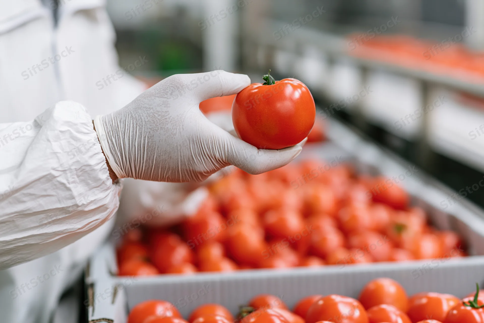 Worker in white coveralls inspecting a tomato on a production line in a food processing facility