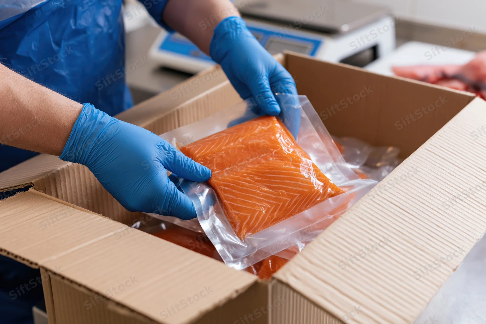 Worker placing vacuum-sealed salmon fillets into a cardboard box in a food processing facility