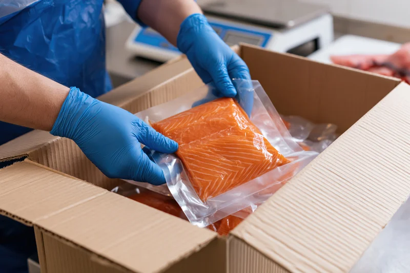 Worker placing vacuum-sealed salmon fillets into a cardboard box in a food processing facility