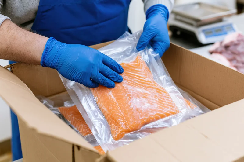 Worker placing vacuum-sealed salmon fillets into a cardboard box in a food processing facility